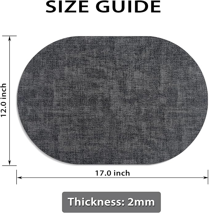 Placemats Set of 12 Washable, Heat Resistant Table Placemats Wipeable Faux Leather Oval Place Mats Non Slip, Waterproof Oval Table Mats for Indoor Outdoor, Charcoal