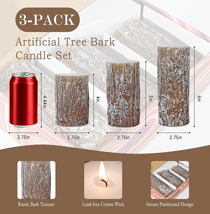 Classic Pine Tree Bark Texture Pillar Candles Set - Real Wax 3 Sizes (4", 5", 6" Tall) Rustic Decor Fireplace Candles, Unscented Woodland Style Pillar Candle for Home, Dining Table, Holiday Decor