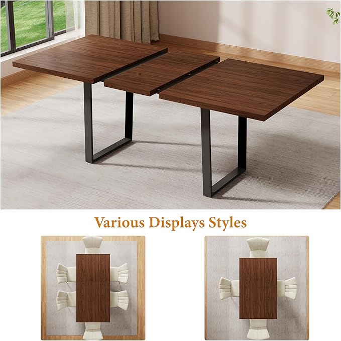 ZckyCine 63"-79" Modern Walnut Dining Table Set for 6 with 6 PU Leather Chairs, Extendable Wood Kitchen Table & Chair Set, Dining Room Furniture for Home, 6-Person Expandable Table