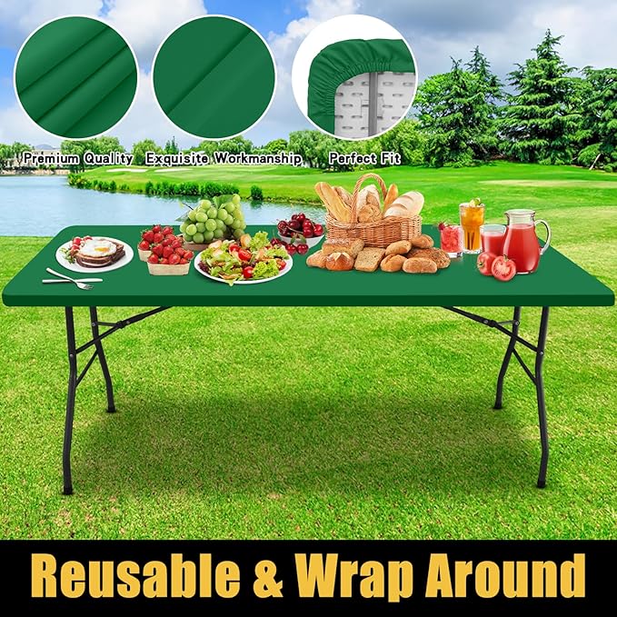 Smiry Rectangle Picnic Table Cloth, Waterproof Elastic Fitted Tablecloths for 8 Foot Tables, Washable Polyester Table Cover for Camping, Indoor and Outdoor (Hunter Green, 30"x96")