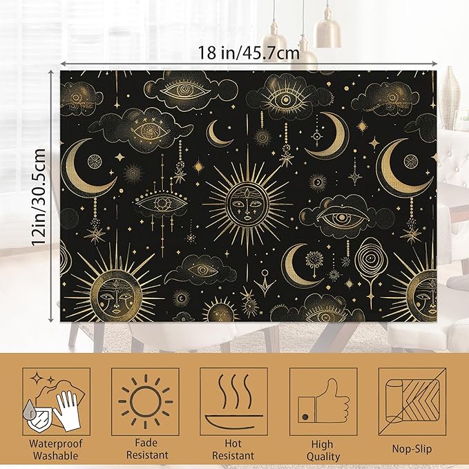 Placemats Set of 6,Moon Sun Table Mats,Vintage Boho Washable Linen Table Mats,Non-Slip Heat Resistant Placemats for Party Kitchen Dining Indoor Outdoor 12"x18"
