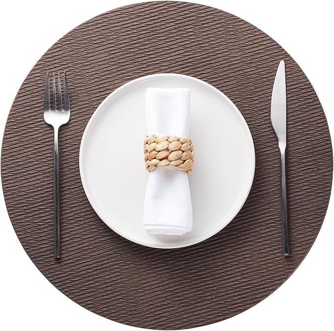 Jovono 15" Faux Leather Big Round Placemats Set of 4 - Washable Heat Resistant Non-Slip Dining Table Mats with Fabric Texture for Kitchen Home Party Decor, Coffee