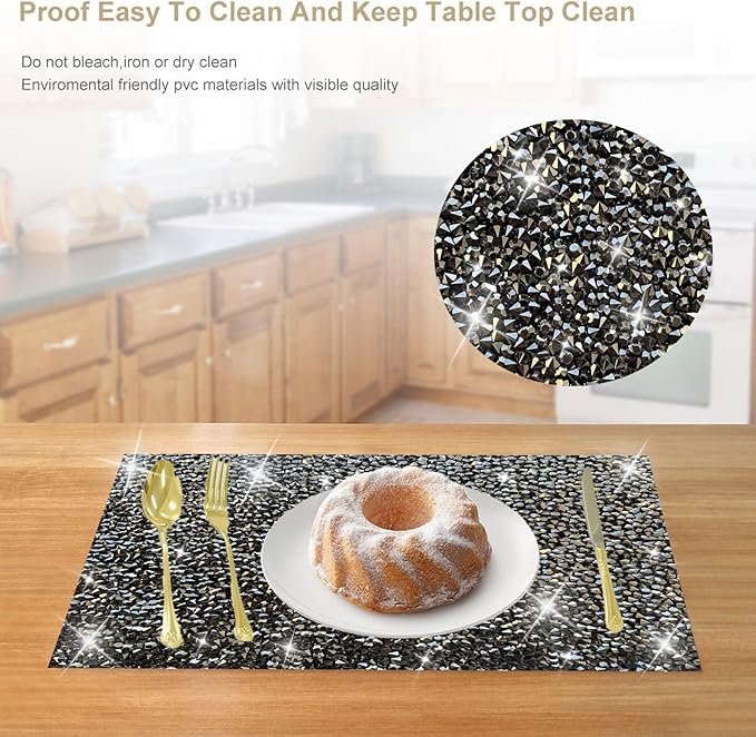 Black Square Placemats - Heat Resistant Mat Set of 2 with Rhinestone Decor and Sparkly Bling