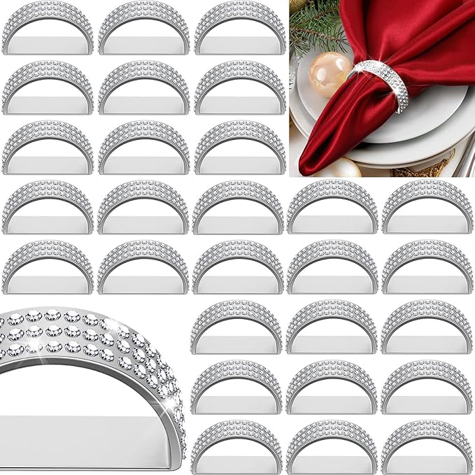 Tioncy 100 Pcs Stainless Steel Diamond Napkin Rings Silver Semicircle Modernist Metal Napkin Holders Rings Bulk Elegant Serviette Buckles for Table Decorations Wedding Dinner Party