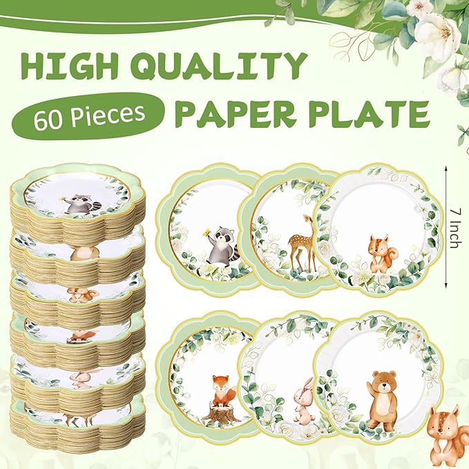 60 Pcs 7 Inch Woodland Animals Baby Shower Paper Plates Woodland Creatures Decorations Tableware Baby Gender Neutral Plates for Forest Animal Theme and Birthday Party Supplies