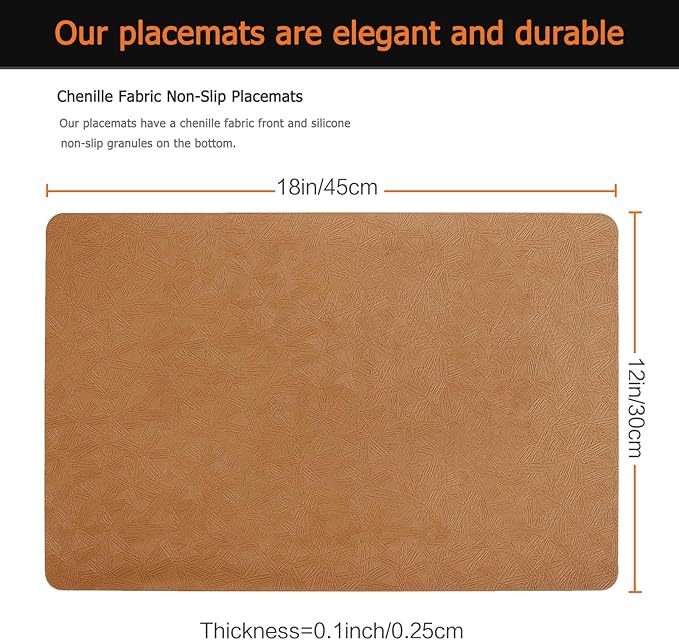 Vinyl Placemats Set of 4 Faux Leather 100% Waterproof Wipeable Washable Place Mats Heat Resistant Easy Clean Non-Slip Table Mats for Indoor Outdoor. (4, Brown)