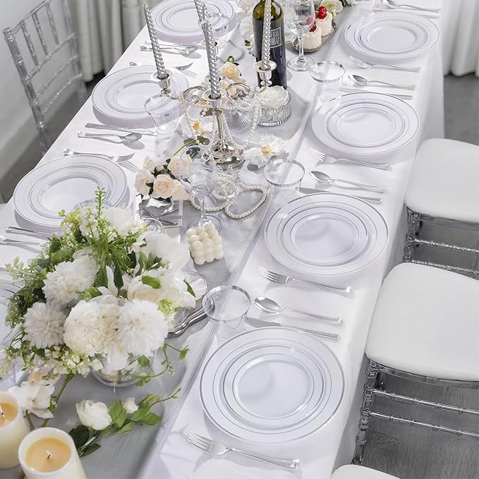 150 PCS Silver Disposable Dinnerware Set for 25 Guests, Silver Plastic Plates for Party, Including 25 Dinner Plates, 25 Salad Plates, 25 Cups, 25 Forks Knives Spoons for Wedding and Party Supplies