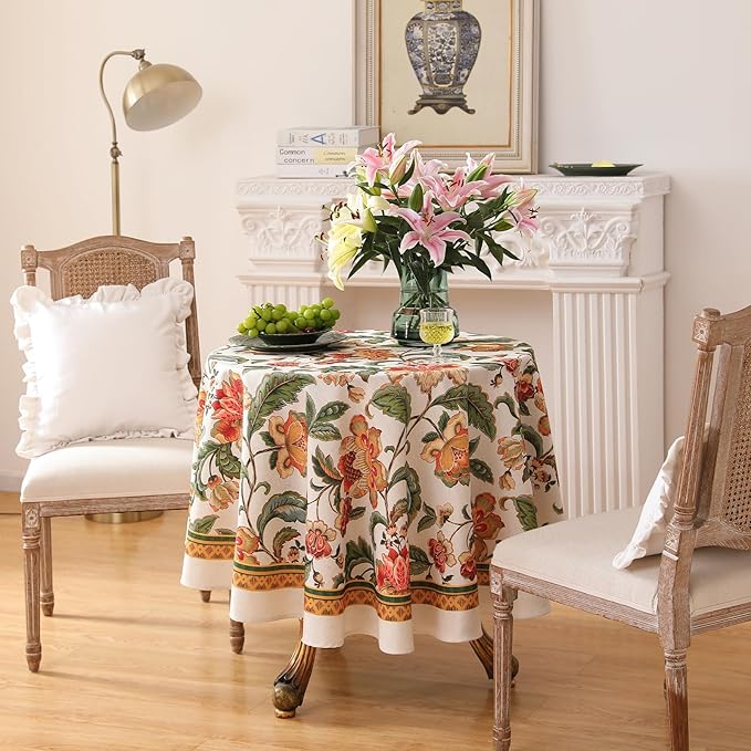 patdrea Designer Vintage Linen Round Tablecloth,Provencal Rustic Floral Pattern Tablecloths,Decorative Table Cover Cloth for Kitchen,Dining Room,Tea Party,Home,Christmas,Diameter 55"