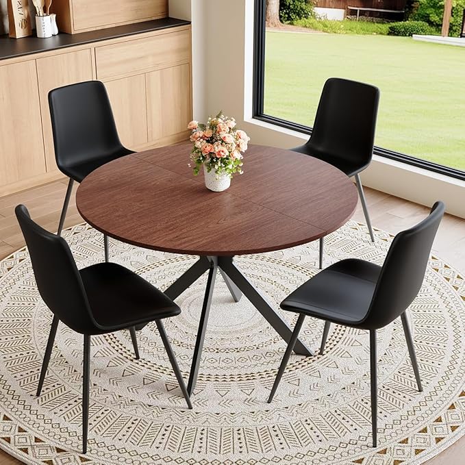 Round Dining Table Set for 4｜42"-54" Extendable Dining Room Table Set｜Wooden Kitchen Table with 4 Chairs｜Mid Century Modern Dinner Table Set with Cross Legs｜Easy Assembly｜Space Saving