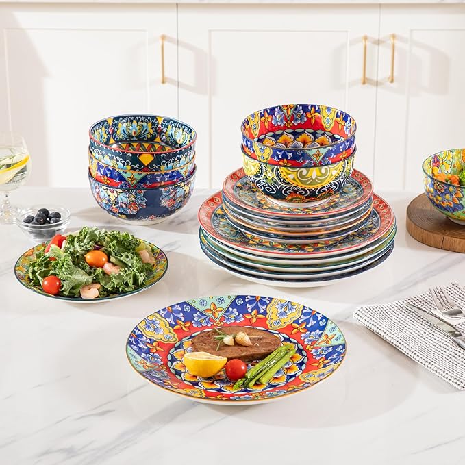 Sweejar Ceramic Dinnerware Sets for 6,18 Pieces Boho Plates and Bowls for Kitchen,Housewaring Gift,Bohemian Style Dish Set,Dishwasher and Microwave Safe(Colorful)