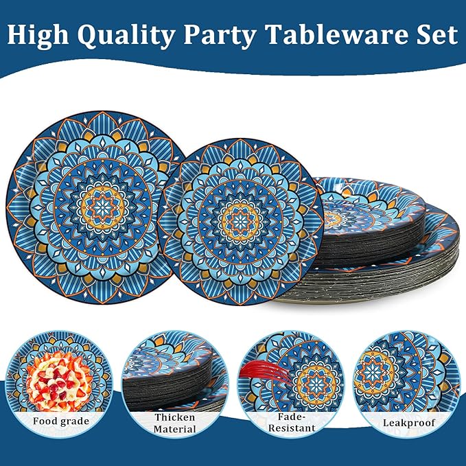 100PCS Boho Paper Plates 7Inch & 9Inch, Vintage Bohemian Disposable Dinnerware Plates for Birthday Gatherings Holiday Favor Baby Shower Party Supplies,50 Guests(Blue)