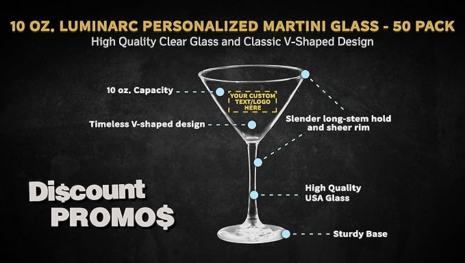 Custom Martini Glasses by ARC 10 oz. Set of 50, Personalized Bulk Pack - Perfect for Hotel, Bar, Restaurant or Lounge - Clear