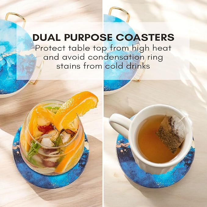 Ceramic Absorbent Coasters Set of 6 with Holder, Drink Coasters for Coffee Table, Kitchen & Home Decor, Cute Round Ceramic Coasters, Alternative to Silicone, Cork or Glass (Sapphire)