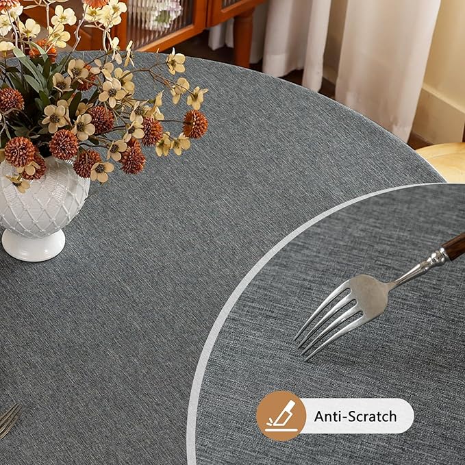 Fabric 60 Inch Grey Round Table Cloth Faux Linen Textured Stain Resistant & Reusable Circle Tablecloth Spill Proof for Dining Kitchen Patio