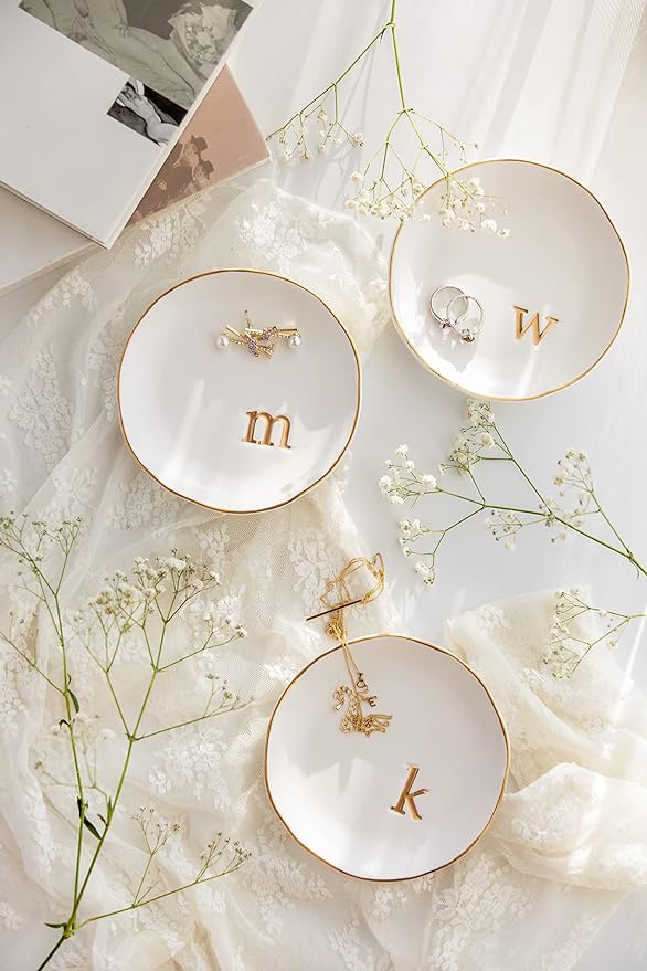 COLLECTIVE HOME - Ceramic Jewelry Tray, Decorative Trinket Dish for Rings Earrings Necklaces Bracelet Watch Keys, Birthday Mother's Day Christmas Gift for Women, 4.75", White Surface (G)