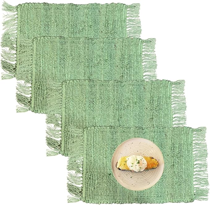 Perilla Home Natural Chindi Jute Placemat Set of 4 Vintage Boho 13x19 Inch Table Mats for Kitchen Dining Home Decor Rectangle Placemats (Green)