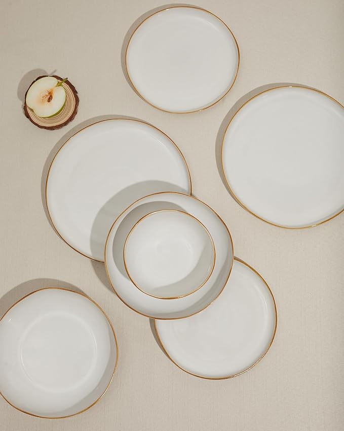 18 Piece White Reactive Glaze Dinnerware Set for 6, Irregular Coastal Shape Stoneware | Elegant & Minimal Design for Daily Family Dinners or Weekend Guests