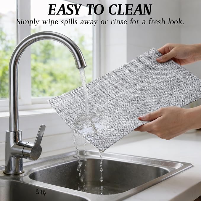 Timeet Placemats Set of 6, Heat Resistant Non-Slip Place Mats for Dining Table, Durable Washable PVC Vinyl Woven Table Mats, Linen Textured Placemats for Kitchen Resistant Easy to Clean(Gray