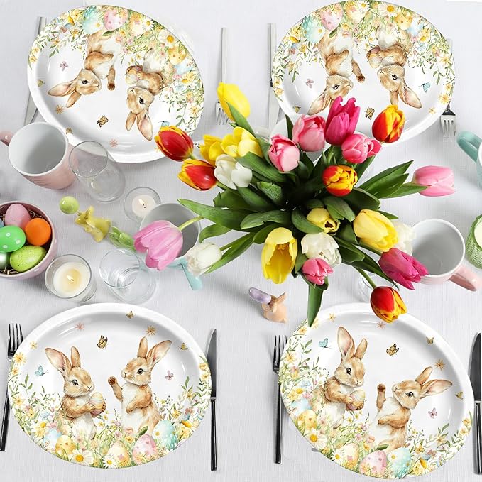 HAKOTI 50Pcs Easter Oval Paper Plates - Easter Decorations Bunny Oval Party Plates Spring Floral Rabbit Tableware Decoration for Birthday,Baby Shower,Spring Holiday Dinner Table Decor