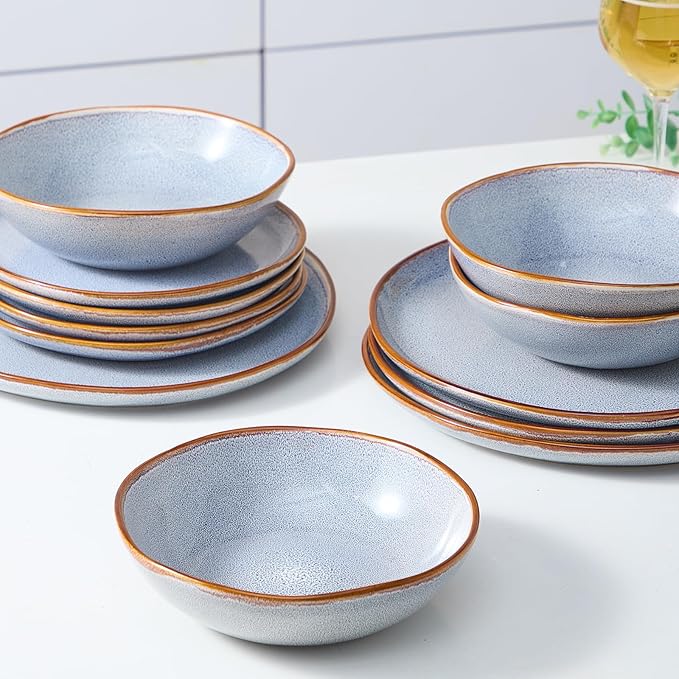 Bestone 12 Pieces Round Kitchen Dinnerware Sets，Plates and Bowls Sets,Dishes, Plates, Bowls, Dish Set, Chip Resistant Ceramic Dinnerware Set, Dishwasher/Microwave Safe,Service for 4,Reactive Blue