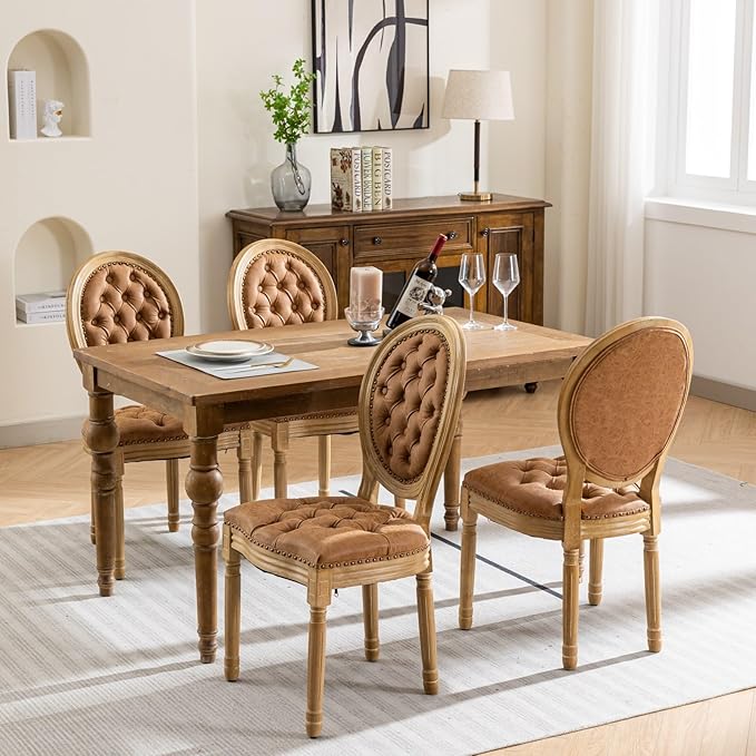 Vintage French Dining Chairs Set of 8, Round Back PU Leather Upholstered Accent Chairs with Nailhead Trim and Solid Wood Frame, Farmhouse Sillas de Comedor for Dining Room & Kitchen, Whiskey Brown