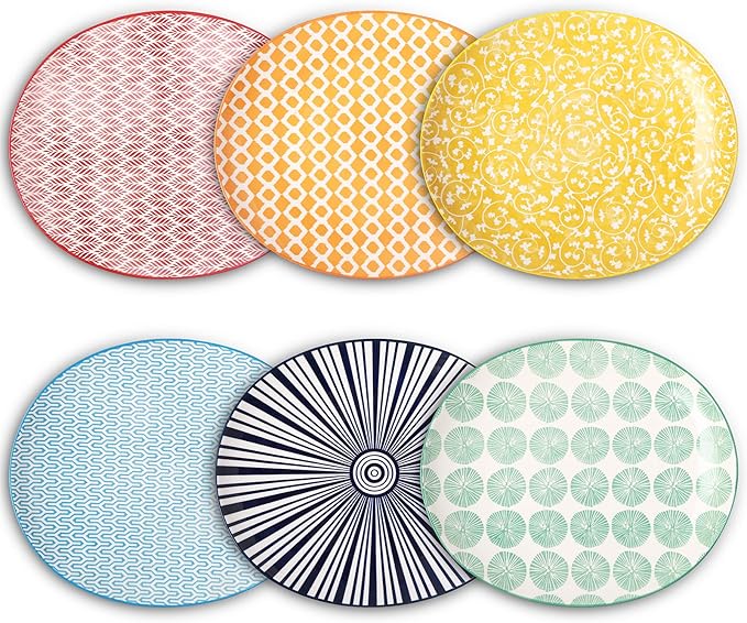 Selamica Porcelain Shallow Oval Dinner Plates, 8 inch Dessert Pasta Salad Curve Plates, Microwave/Dishwasher/Oven safe, Set Of 6, Assorted Colors