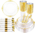 Hioasis 210pcs Clear and Gold Plates - Clear Party Plates for 30 Guest, Include 60 Heavy-duty Plates(20% Thicker Than Standard), 30 Pre Rolled Gold Plastic Silverware Set, 30 Cups