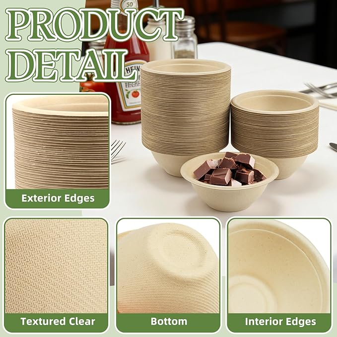 LeonBach 150 Pack 6oz Natural Bagasse Fiber Bowls, Small Disposable Paper Bowls Microwavable Safe Sample Snack Cups Charcuterie Serving Cups for Sauce Portion Condiment Ice Cream Desserts