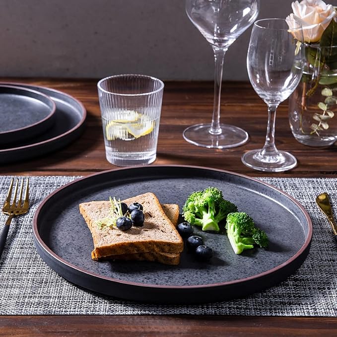 LERATIO Ceramic Dinnerware Sets for 8, High Edge Stoneware Plates and Bowls Set, Chip and Crack Resistant | Oven & Dishwasher & Microwave Safe Dishes Set, Service for 8 -Ashen