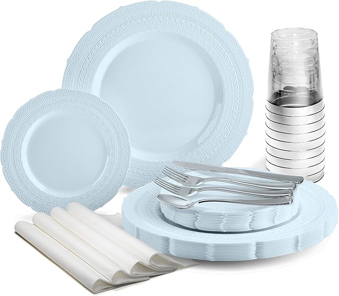 " OCCASIONS " 960pcs set (120 Guests) Extra Heavyweight Vintage Wedding Disposable/Reusable Plastic Plates -120x11'' +120x8.25''+Silverware+Cups+Napkins (Chateau Collection Blue)