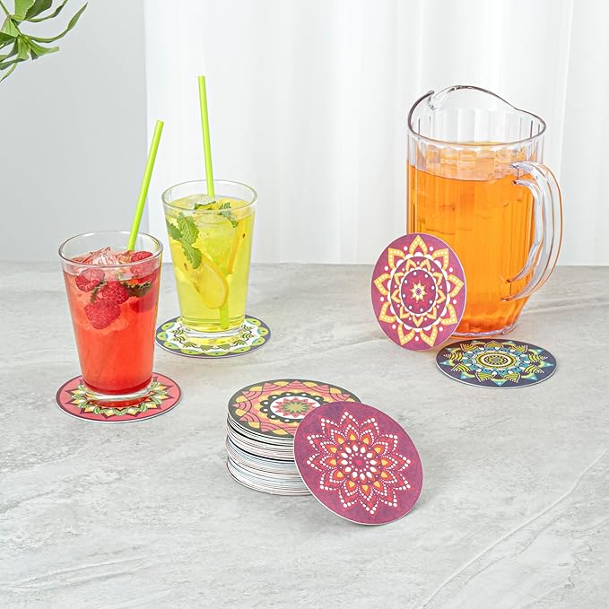 Restaurantware Super Absorbent Coasters 48 Case 4 Inch Assorted Paper Bar Coasters High-Density Pulpboard Beverage Coasters Moisture-Absorbing Durable Drink Coasters - Assorted Designs