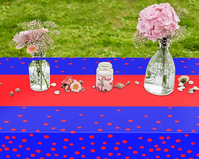 Oudain 3 Pcs Blue and Red Tablecloth for Parties Plastic Dot Tablecloths Printed Table Runner Waterproof Disposable Rectangle Table Cover for Christmas Birthday Wedding Party, 54" x 108"