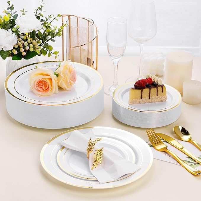 BESTSTAR 7 Inch White with Gold Rim Plastic Plates,100PCS Disposable Dessert/Appetizer/Small Cake Plates,Heavy Duty Plate Ideal for Christmas, Wedding and Birthday
