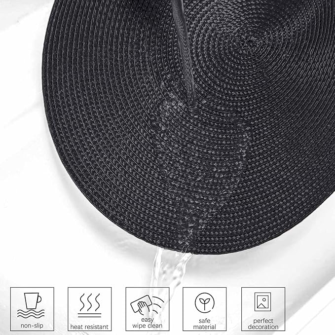 AHHFSMEI Round Braided Placemats 15 Inch Round Table Mats for Dining Tables Natural Woven Heat Resistant Place mats Set of 8 (Black,8)