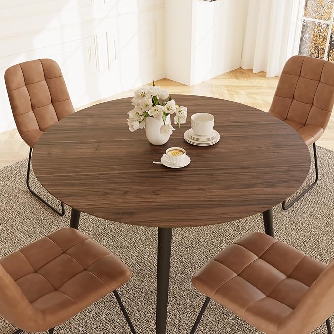 43.3 Inch Round Dining Table Set for 4, Modern Small Kitchen Coffee Set for Dining Room Kitchen Apartment (Walnut Table+4 U-Shaped Brown Chairs)