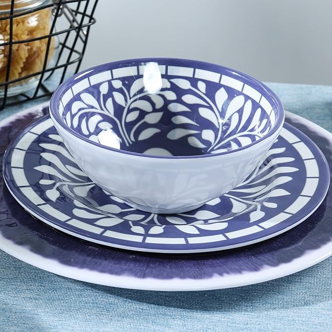 Melamine Dinnerware Set, 12 Pieces Plates and Bowls Set, Unbreakable Dish Set,Lightweight,Camping,Dishwasher Safe,Service for 4, Blue-purple