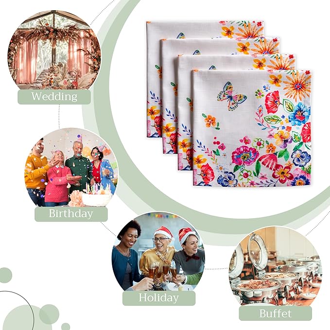 Maison d' Hermine Cloth Napkins Set of 4 100% Cotton Everyday Reusable Square Napkins Cloth Washable Dinner Wedding Valentines Day Decorations Spring/Summer (Happy Florals - High Summer, 20" x 20")