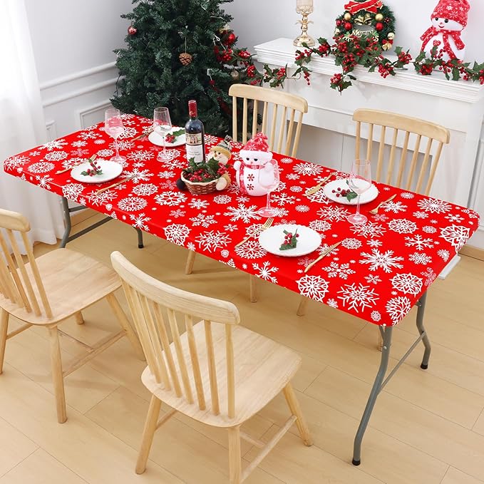 Smiry Plastic Christmas Tablecloth, Snowflake Waterproof Elastic Fitted Table Covers, Wipeable Flannel Backed Vinyl Tablecloths for Christmas Dinner, and New Year Celebration (Red, 30x96 Inches)