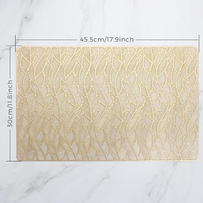 Evevda Gold Rectangle Vinyl Placemats for Dinner Table Set of 6 Wipeable 6Pcs Table Mats Metallic Plastic Place Mats for Wedding Annersary Dinner Table Decoration Mats(17.9x11.8inch/45.5x30cm)