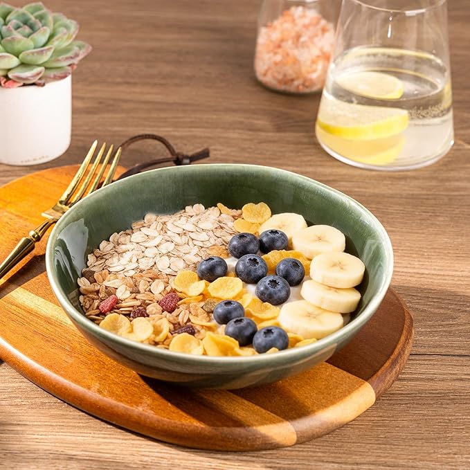 AmorArc Ceramic Cereal Bowls Set of 6, 24 oz Handmade Stoneware Bowls for Cereal Soup Salad Bread, Stylish Kitchen Bowls for Meal, Dishwasher & Microwave Safe-Earth Green
