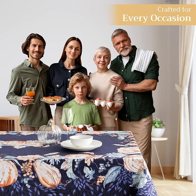 Maison d' Hermine Table Cloth Rectangle Table 100% Cotton 60 x 108 Inches Fall Tablecloth Reusable Everyday Use for Thanksgiving Christmas Decorations Dining Farmhouse Party (Pumpkin Blues)