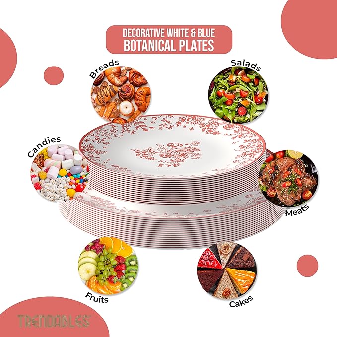 Trendables Disposable Plates For Party Supplies | Pink Floral Plastic Plates For Wedding 40 Pcs - 20 X 8 & 20 X 10 Dinner Plate Sets | Floral Plate Set Disposable Plastic Dinnerware Sets