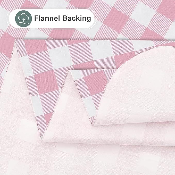 misaya Rectangle Waterproof Vinyl Table Cloth, Buffalo Flannel Backed Tablecloth, Wipeable Plastic Table Cover for Valentine's Day, Dinner, Kitchen, Outdoor (60" x 120", Pink and White)