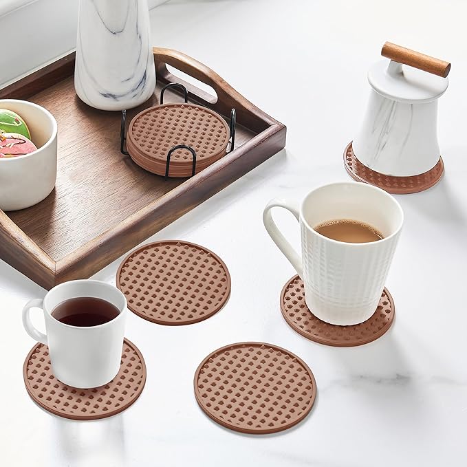 Coasters for Drinks, Silicone Coasters Set of 6 with Metal Holder, Outdoor Coaster for Coffee Table, Non-Slip Rubber Table Cup Mat Desk, Heat Resistant & Scratch-Proof (Tawny)