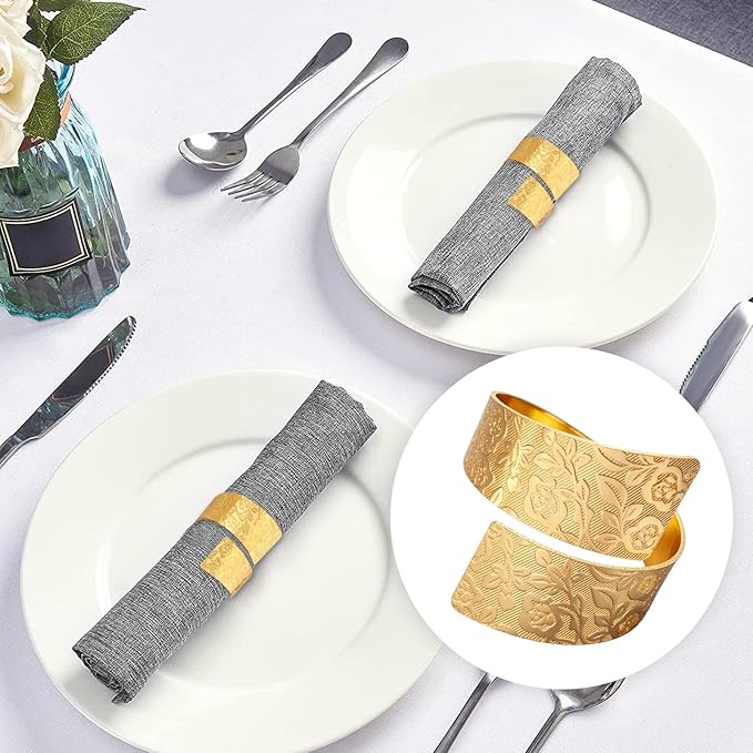 Napkin Rings Set of 12, Irregular-Shaped Metal Napkin Holders with Rose Patterns for Wedding Dining, Holiday Table Decor, Perfect for Home Chefs & Party Planners（Gold）