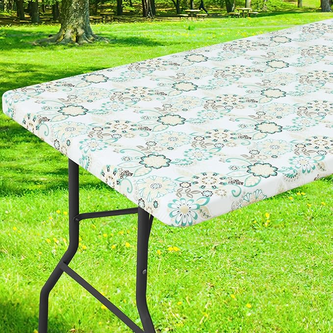 Smiry Rectangle Table Cloth Cover, Waterproof Elastic Fitted Picnic Tablecloth for 4 Foot Tables, Wipeable Flannel Backed Vinyl Tablecloths for Camping, Dining, Outdoor (Teal & White, 30" x 48")