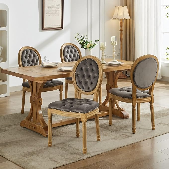 Vintage French Dining Chairs Set of 4, Round Back Velvet Upholstered Accent Chairs with Nailhead Trim and Solid Wood Frame, Elegant Sillas de Comedor for Dining Room & Kitchen, Gray