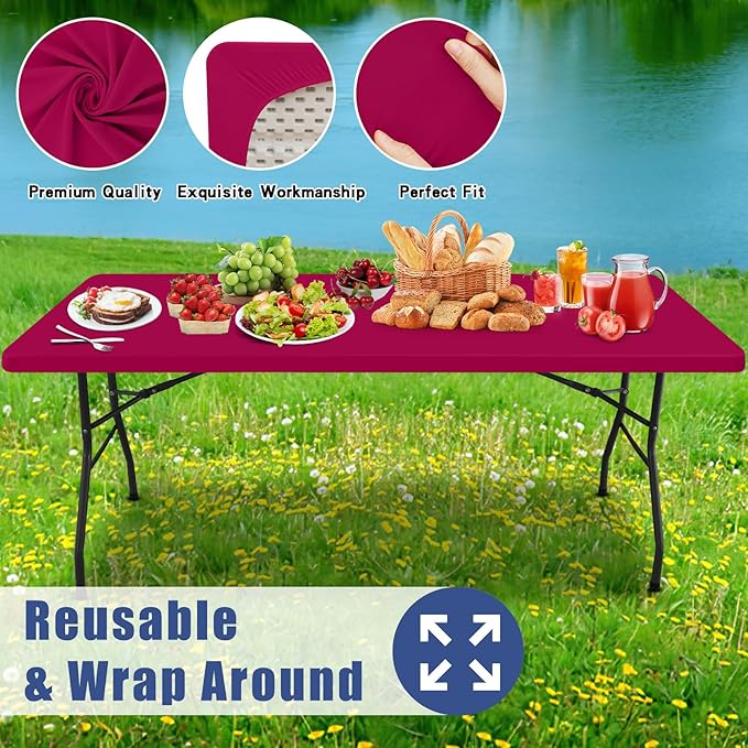 Spandex 5 Foot Rectangle Table Cloth 2 Pack, Elastic Fitted Tablecloths for Picnic, Stretch Washable Patio Table Cover for Outdoor, Camping, Banquet and Parties (Fuchsia, 30"x60")