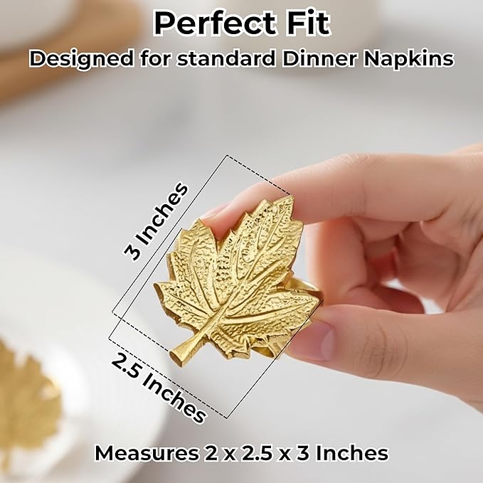 CLEENTABLE Maple Leaf Napkin Rings Set of 12 - Handcrafted Aluminum Napkin Holders for Cloth & Paper Napkins, Elegant Table Décor for Weddings, Thanksgiving, Christmas & Holiday Parties (Gold)