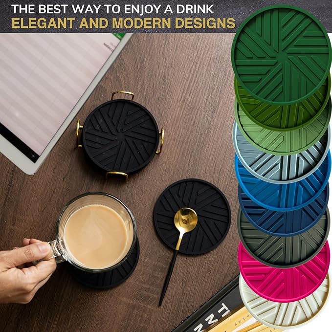 Silicone Coasters for Drinks, Set of 6 with Gold Holder and Modern Smart Pattern, Protection for Coffee Table, Living Room, Kitchen, Office, bar Decor